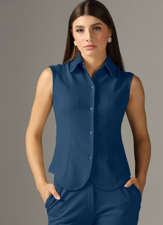 Blue Solid Sleeveless Shirt