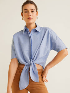 Women Blue Solid Front Tie-Up Crop Casual Shirt