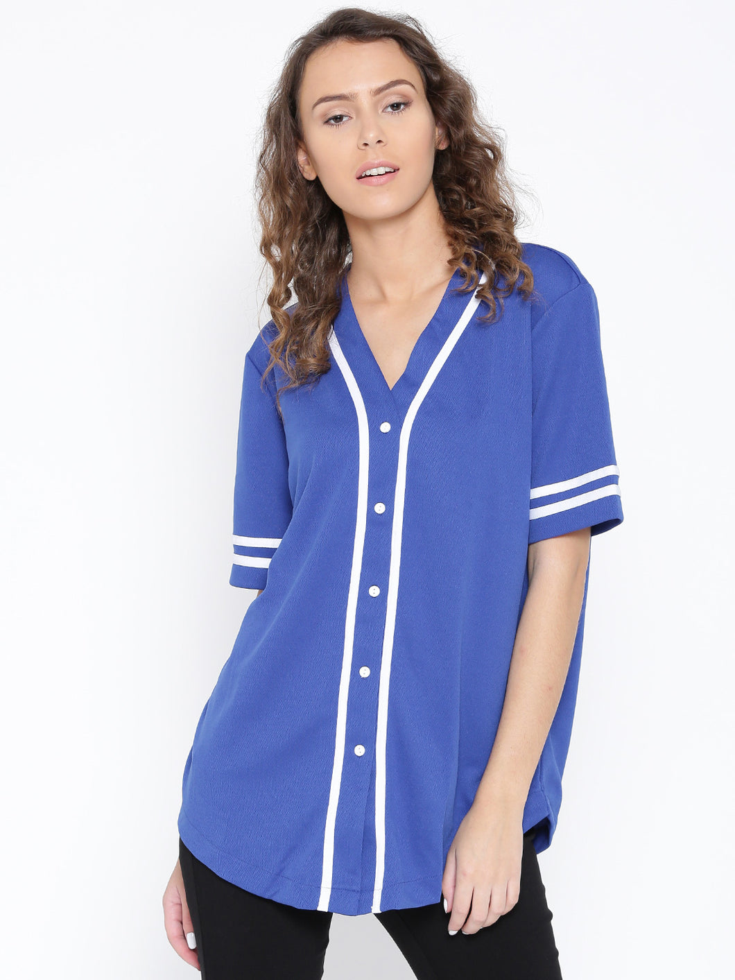 Women Blue Regular Fit Printed Back Collarless Casual Shirt