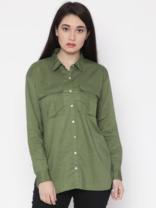 Women Green Regular Fit Solid Casual Shirt