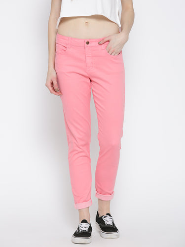 Pink Skinny Fit Solid Casual Trousers