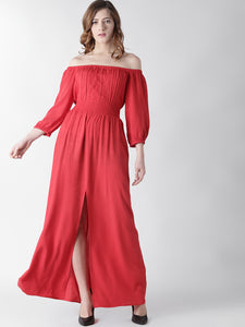 Women Maxi Red Dress with Off-shoulder sleeve
