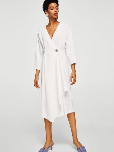 Women White Solid Wrap Dress