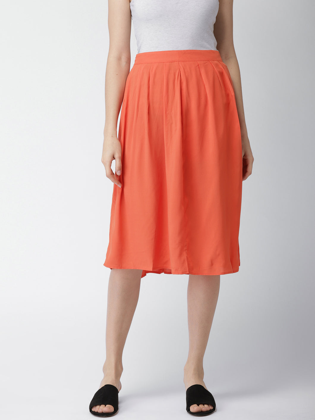 Women Orange Pleated A-Line Skirt