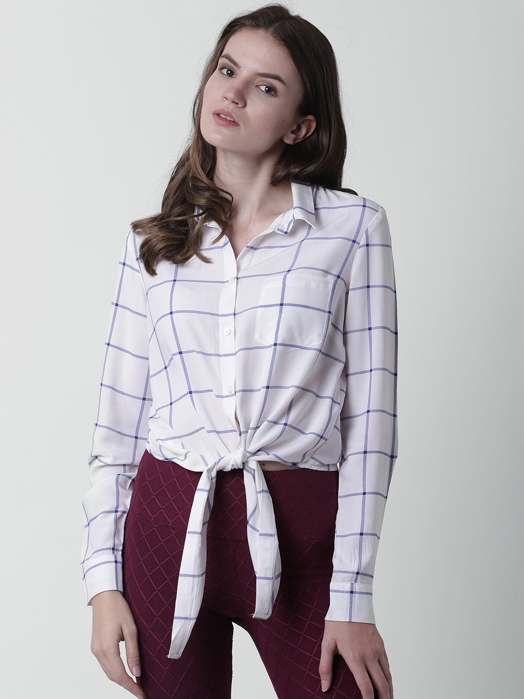 Women White & Blue Regular Fit Checked Casual Shirt
