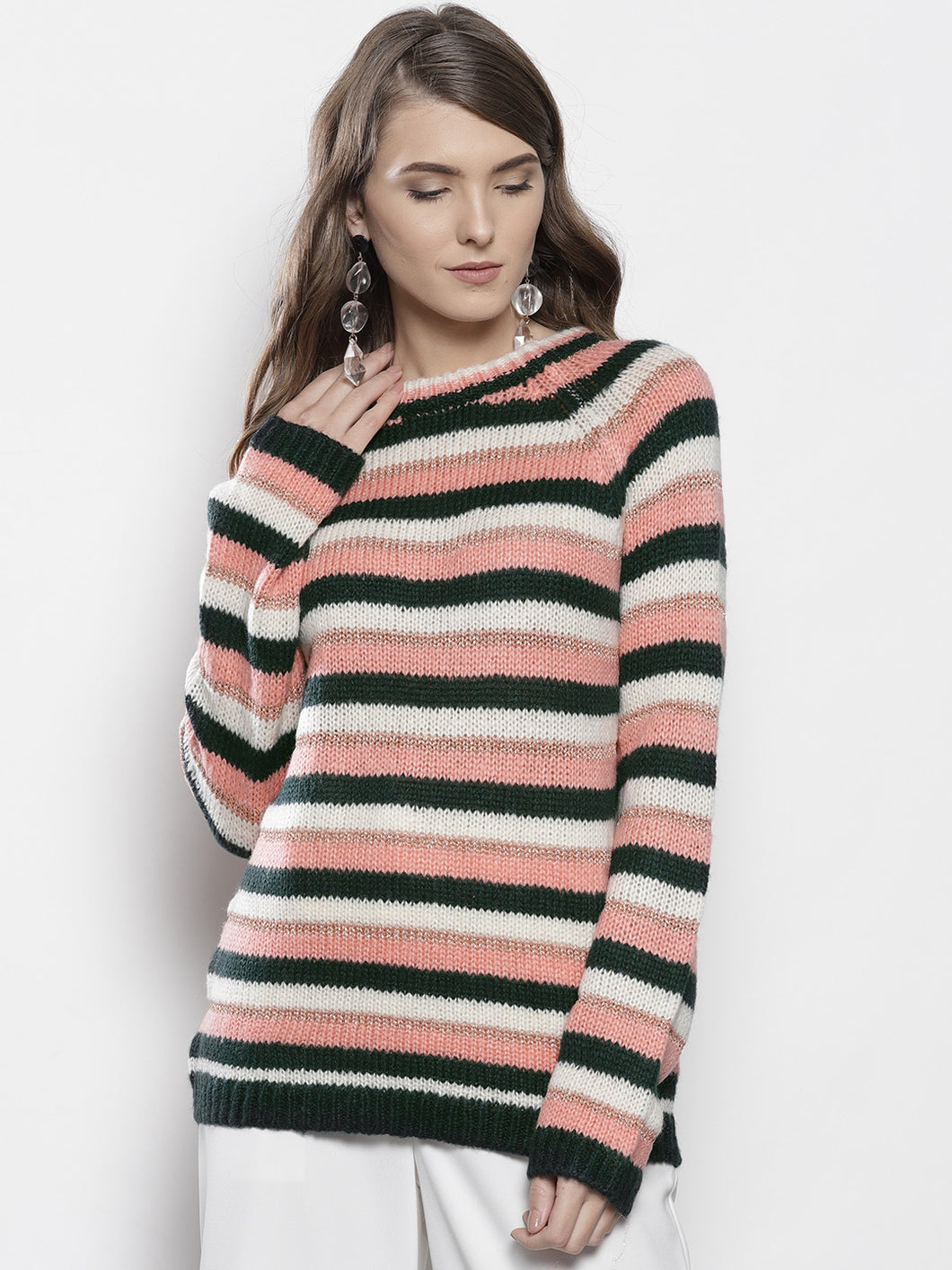 Women Pink and Green Striped Pullover