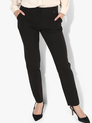 Women Black Slim Fit Solid Regular Trousers