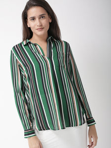 Women Green & Black Striped Semi-Sheer Shirt Style Top