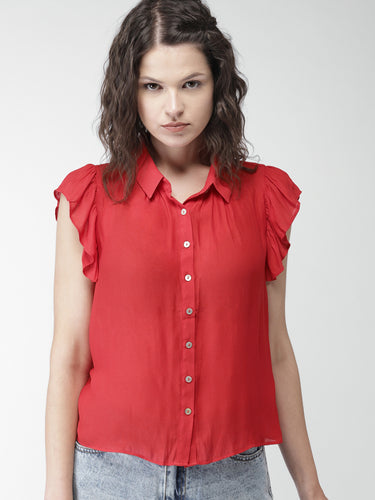 Women Red Regular Fit Solid Casual Shirt
