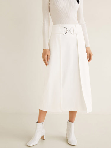 Women White Solid Layered Midi A-line Skirt