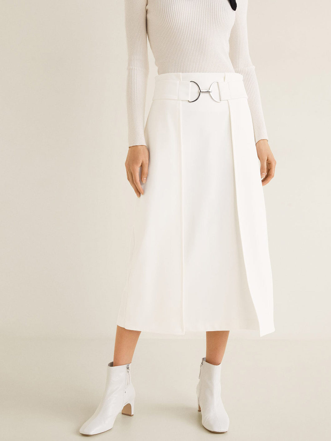Women White Solid Layered Midi A-line Skirt