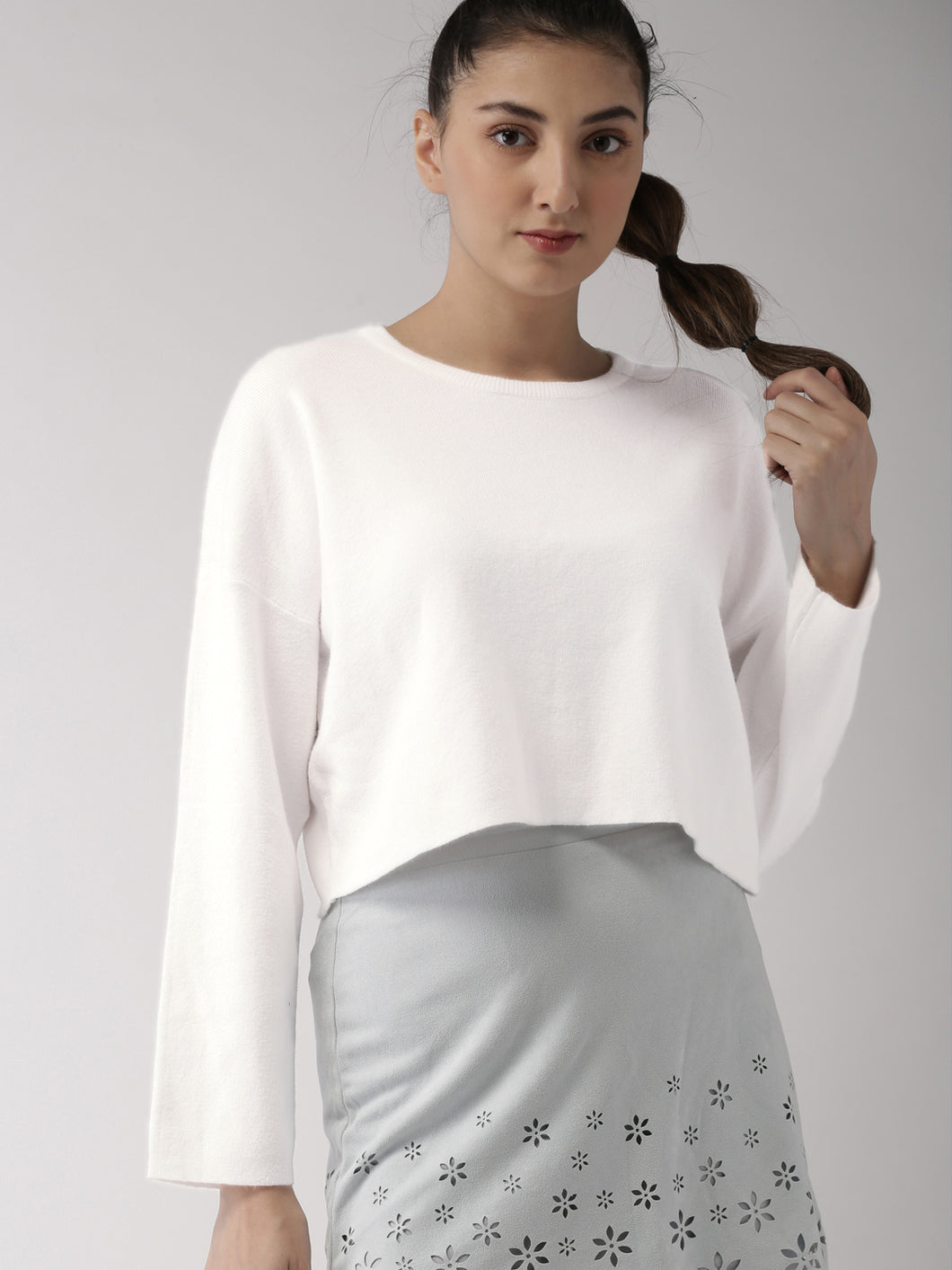 Women White Self Design Pullover - Round Neck