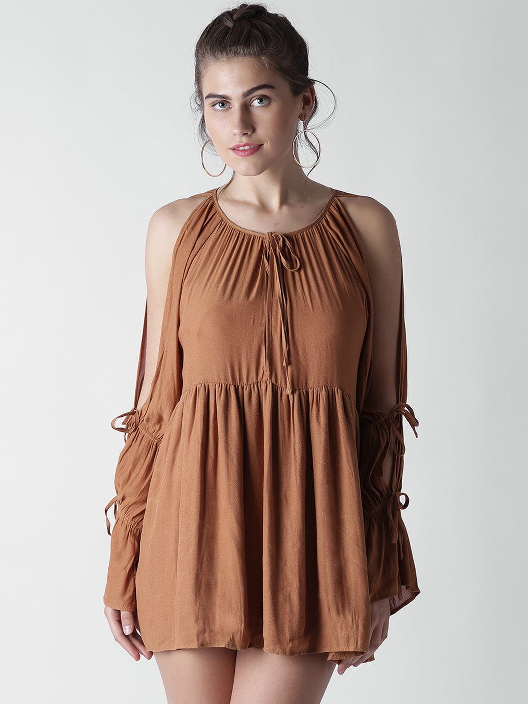 Brown Solid Mini A-Line Dress