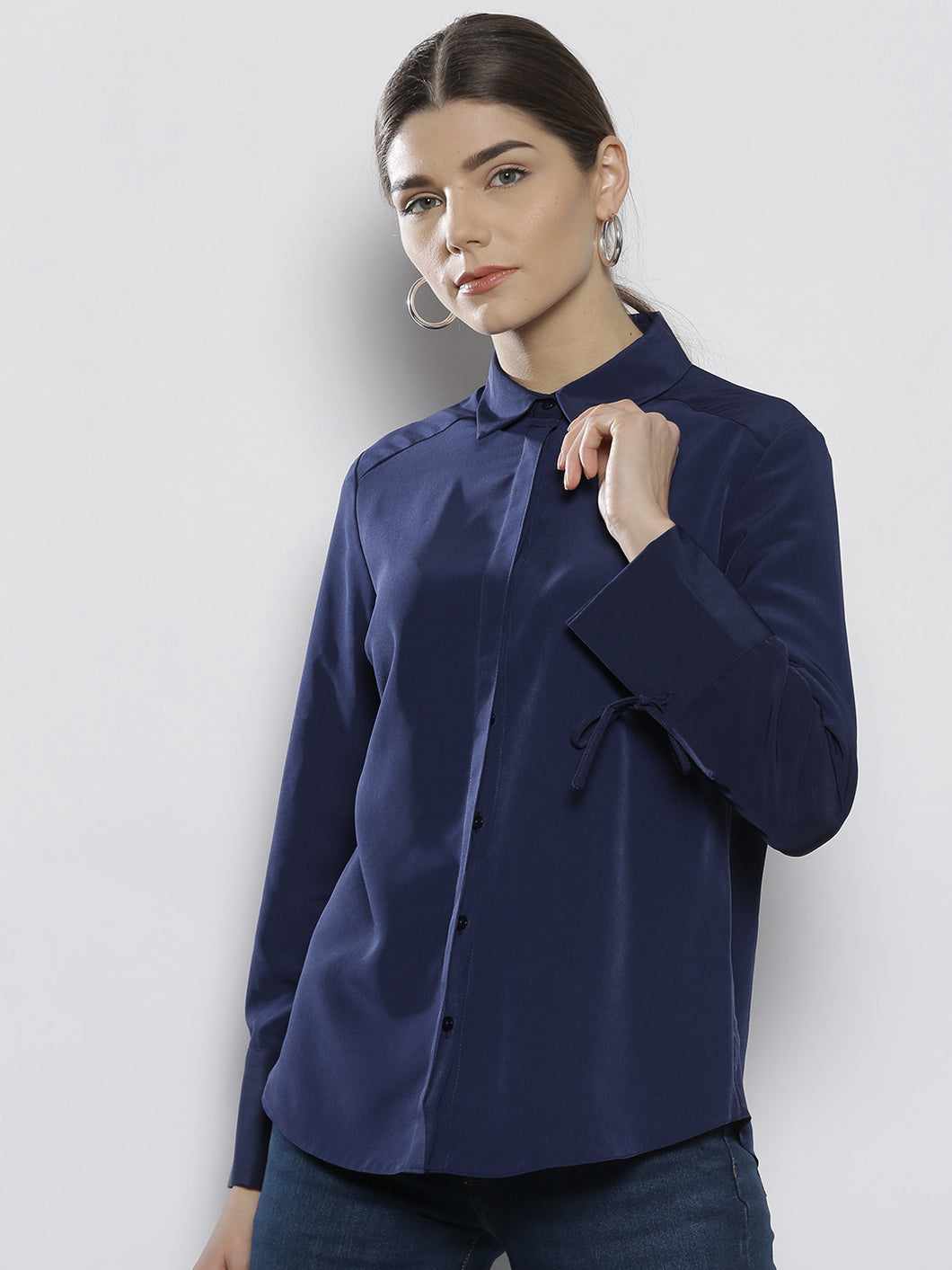 Women Navy Blue Regular Fit Solid Casual Shirt