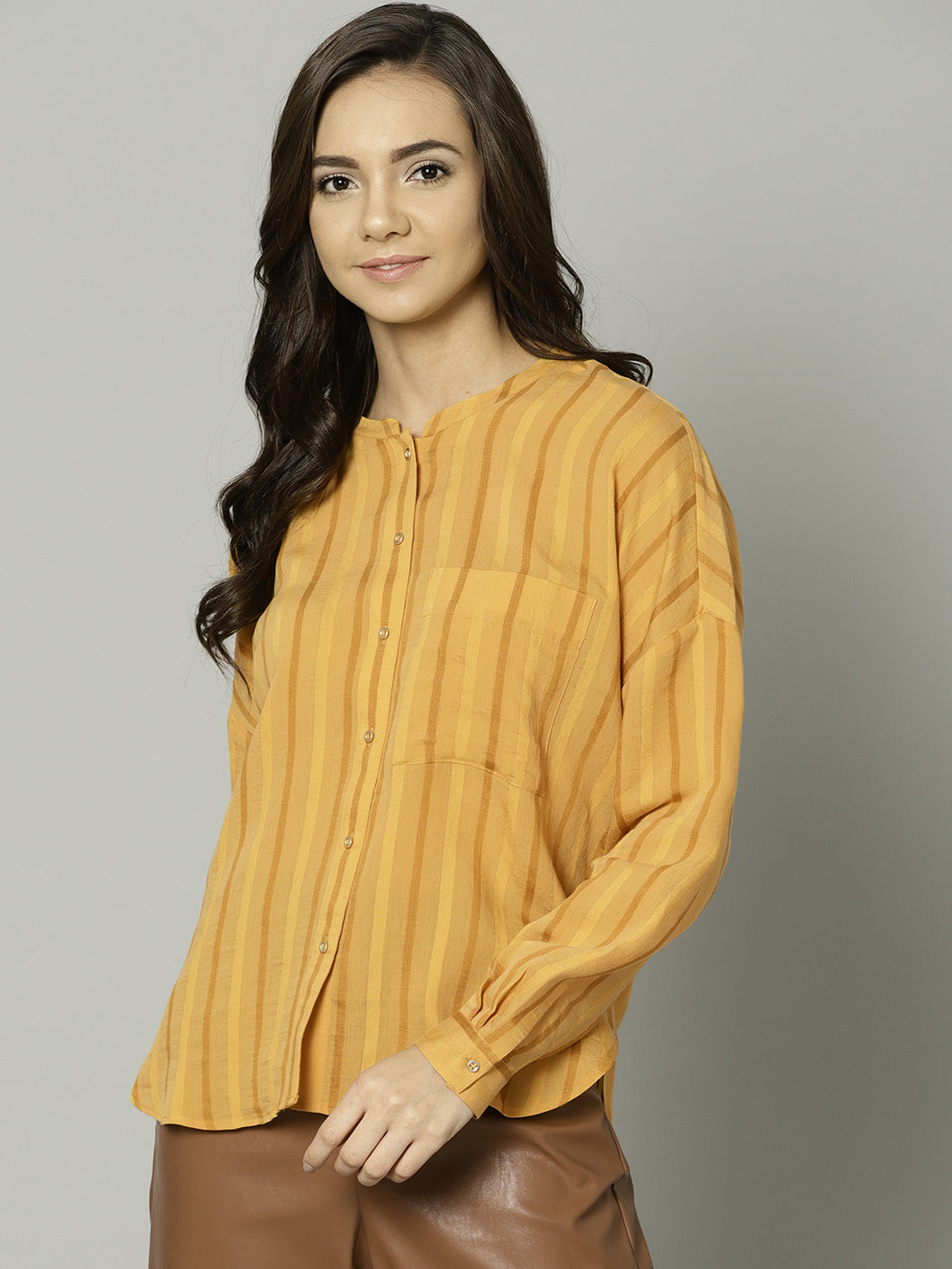 Women Mustard Brown Striped Regular Fit Casual Shirt