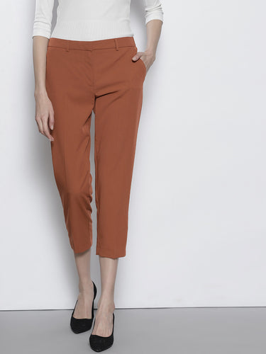 Brown Tailored Regular Fit Solid Cropped Trousers