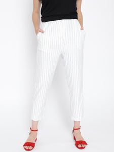 Women White & Black Regular Fit Striped Trousers