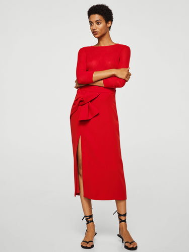 Red Solid Straight Skirt