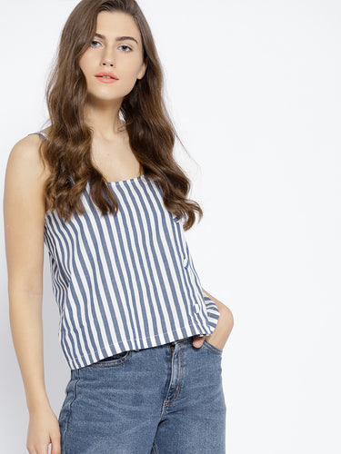 Women Blue & White Striped Boxy Top