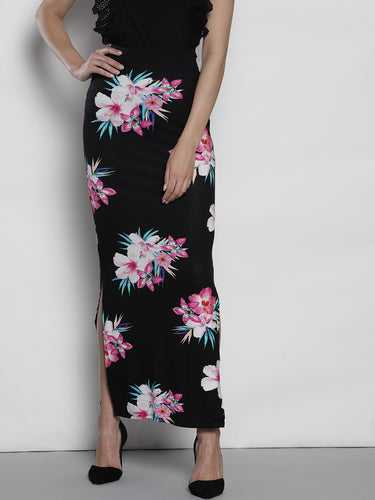 Women Black & Pink Printed Maxi Skirt