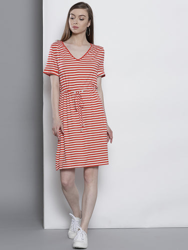 Women Red & White Striped A-line Dress