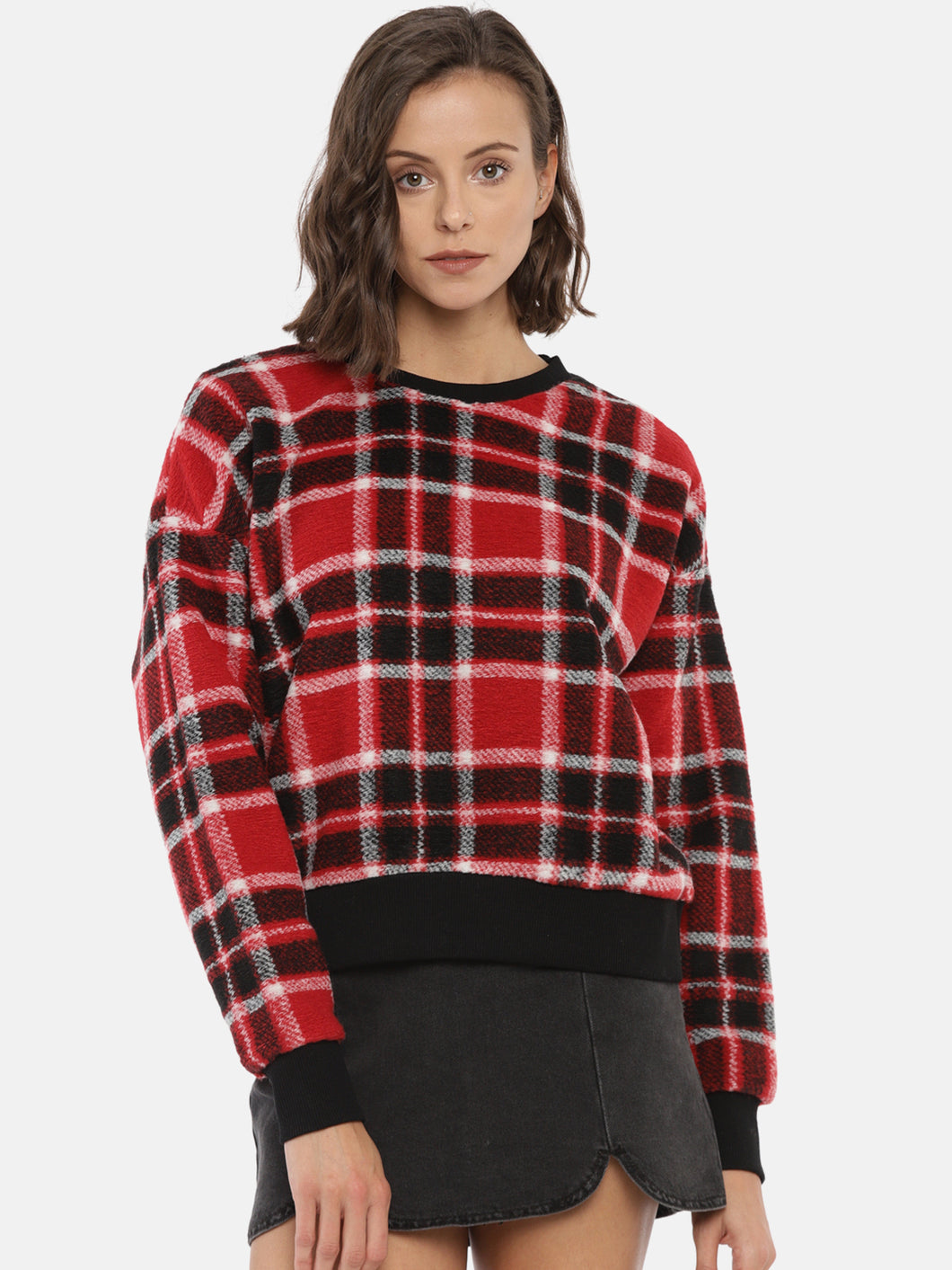 Women Red & Black Checked Pullover Sweater