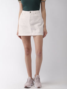 Women White Solid Mini Denim Skirt