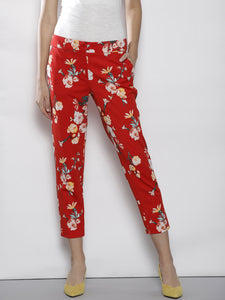 Women Red Regular Fit Printed Cropped Trousers